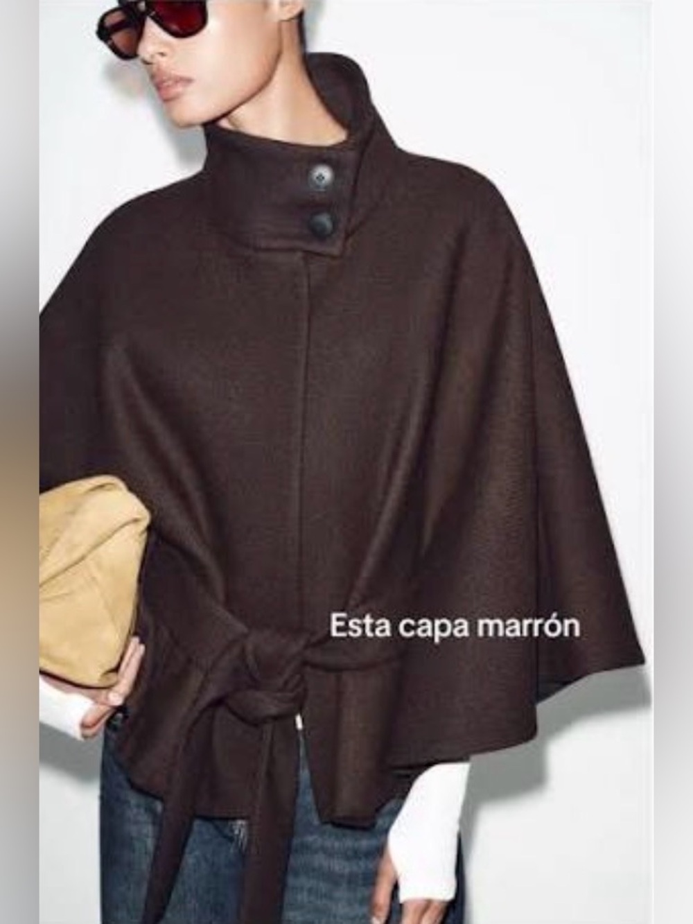 Zara Women’s High Neck Belted Batwing Wool Cape Jacket dark brown M/L